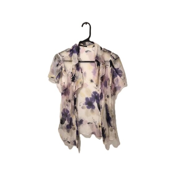 VTG Elie Tahari Silk Blouse Sheer Iris Floral Volant Front M Ethereal Y2K Romant - Picture 3 of 7